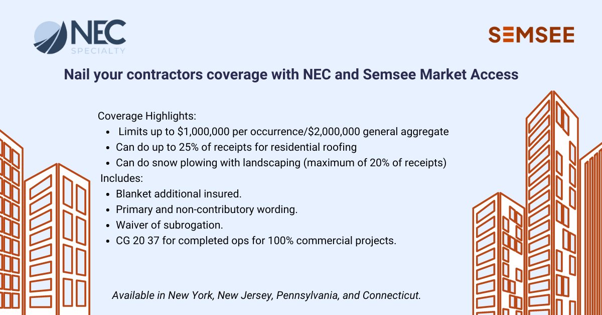 Semsee Agents can now access top-tier coverage for GC's and Artisan/Contractors with our new NEC partnership.  Available in New York, New Jersey, Pennsylvania and Connecticut.  Start quoting at bit.ly/3WcumTP today!