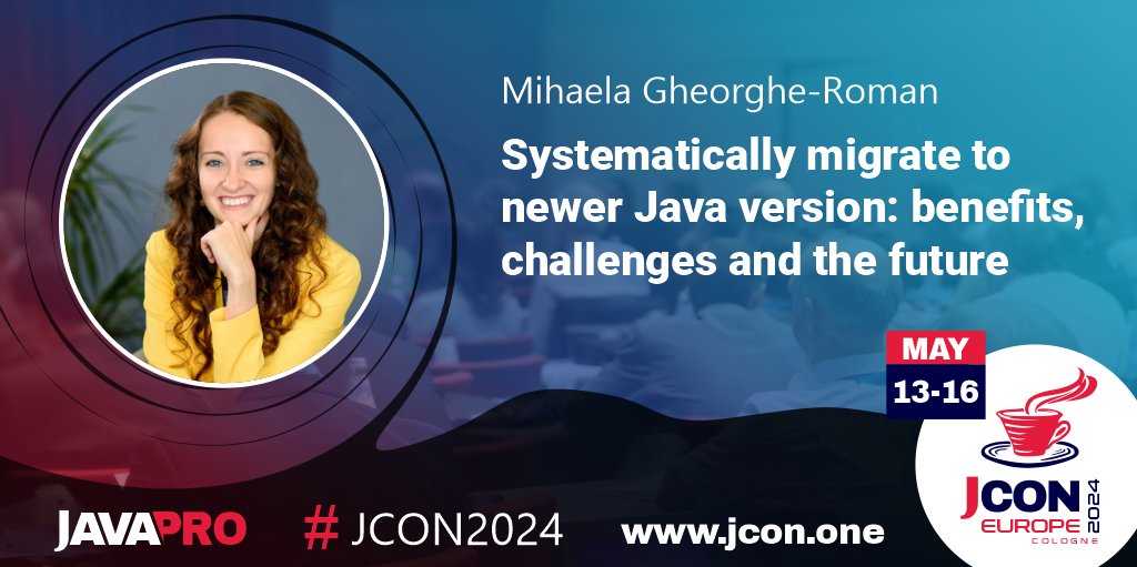 Excited for #JCON EUROPE 2024? See Mihaela Gheorghe-Roman at #JCON2024 in Cologne talking about 'Systematically migrate to newer Java version: benefits, challenges and the future' Migrating all #Java modules without .... Get your free #JUG Ticket: jcon.one'