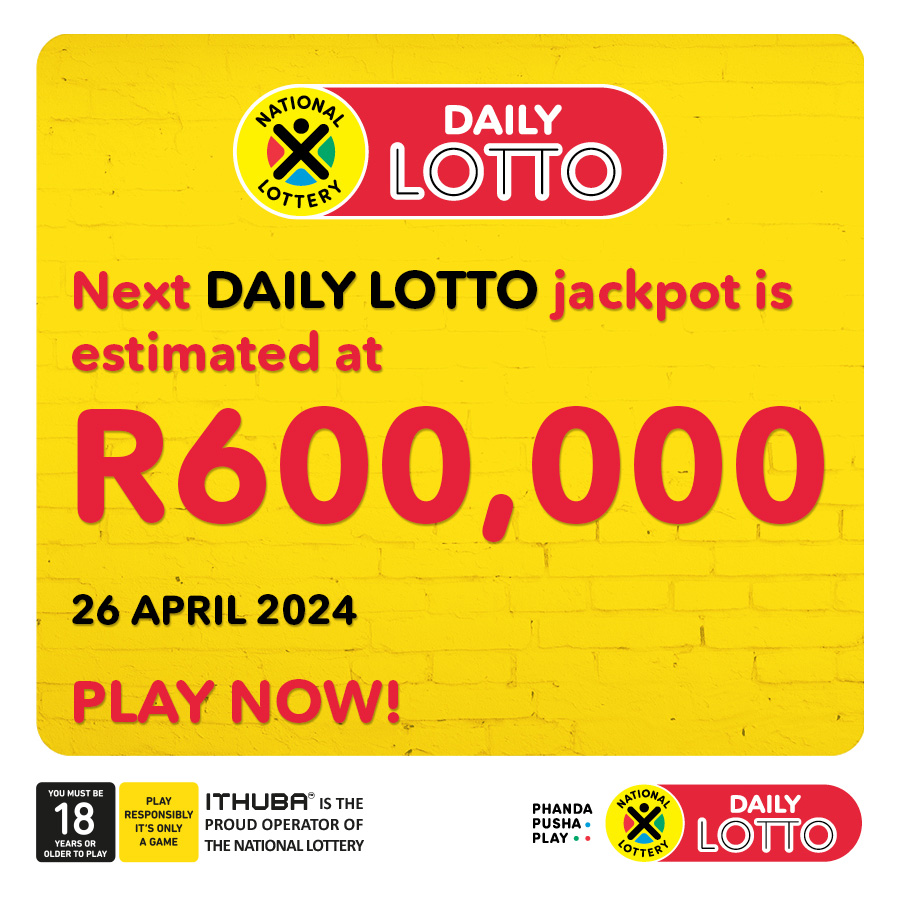 The #DAILYLOTTO jackpot estimated at R600,000, is up for grabs this Friday! Play NOW & make every day ke PAYDAY! Buy your tickets NOW in-store, on, the Mobile App, cellphone banking or simply dial *120*7529# for USSD. Ticket sales close at 8.30pm on any given draw day.