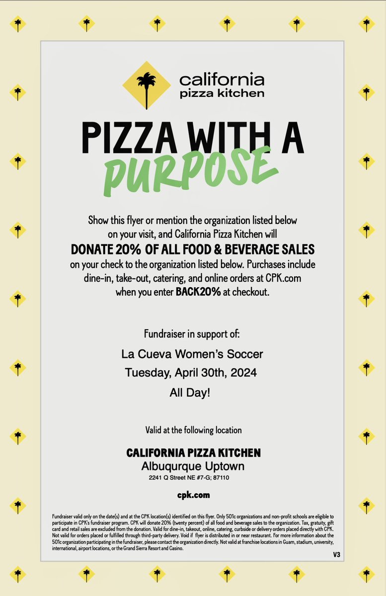 LCHSBearsSoccer Boosters (@lchsbearssoccer) on Twitter photo MARK YOUR CALENDARS!
Next Tuesday April, 30th
Have lunch/dinner dine in or carry out at
California Pizza Kitchen
Show this flyer & CPK will donate 20% of proceeds to La Cueva Women’s Soccer!
For online orders,enter
Back20% at checkout.
#WALC <a href="/PrincipalLCHS/">La Cueva High School</a> <a href="/Cueva_Athletics/">LCAthletics</a> MARK YOUR CALENDARS!
Next Tuesday April, 30th
Have lunch/dinner dine in or carry out at
California Pizza Kitchen
Show this flyer & CPK will donate 20% of proceeds to La Cueva Women’s Soccer!
For online orders,enter
Back20% at checkout.
#WALC <a href="/PrincipalLCHS/">La Cueva High School</a> <a href="/Cueva_Athletics/">LCAthletics</a>