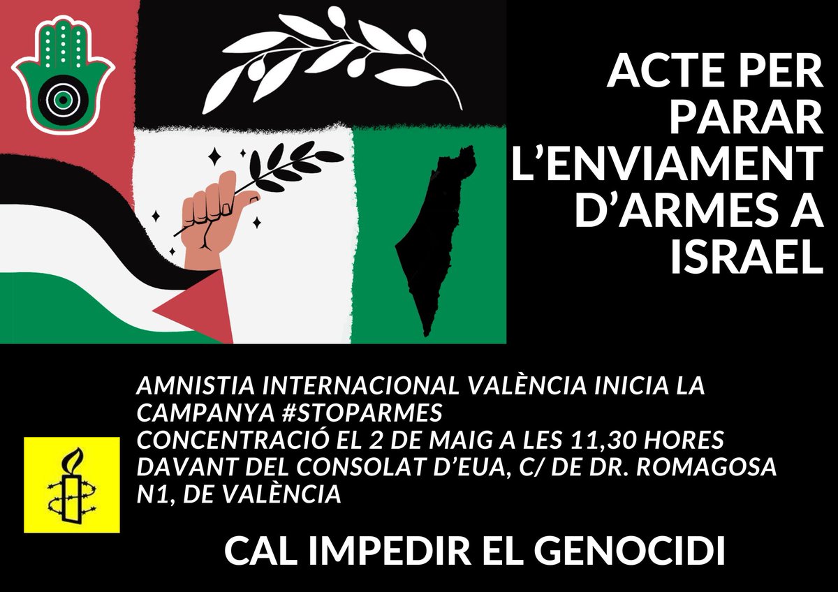 2/5/24 Concentració davant el Consolat dels EUA C/ Dr. Romagosa 1 València per a demanar un embargament integral d’armes en el conflicte de Gaza i Israel. Amnistia Internacional tracta d'incrementar la pressió sobre els països que continuen enviant armes a Israel. #gaza