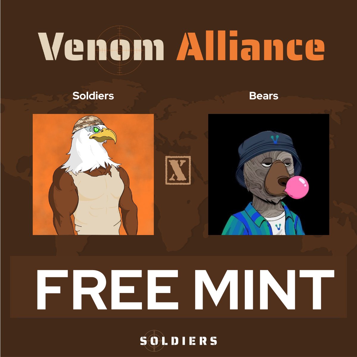 Venom Soldiers | MINT LIVE (@venom_soldiers) on Twitter photo ATTENTION SOLDIERS! 🚨🚨
WE HAVE SOME NEWS… 👀
Starting now, the first 20 to mint a Soldier will receive a FREE <a href="/VenomBears/">Venom Bears | SOLD OUT</a> NFT! 🦅🐻
MINT HERE: venomart.io/launchpad/veno… ATTENTION SOLDIERS! 🚨🚨
WE HAVE SOME NEWS… 👀
Starting now, the first 20 to mint a Soldier will receive a FREE <a href="/VenomBears/">Venom Bears | SOLD OUT</a> NFT! 🦅🐻
MINT HERE: venomart.io/launchpad/veno…