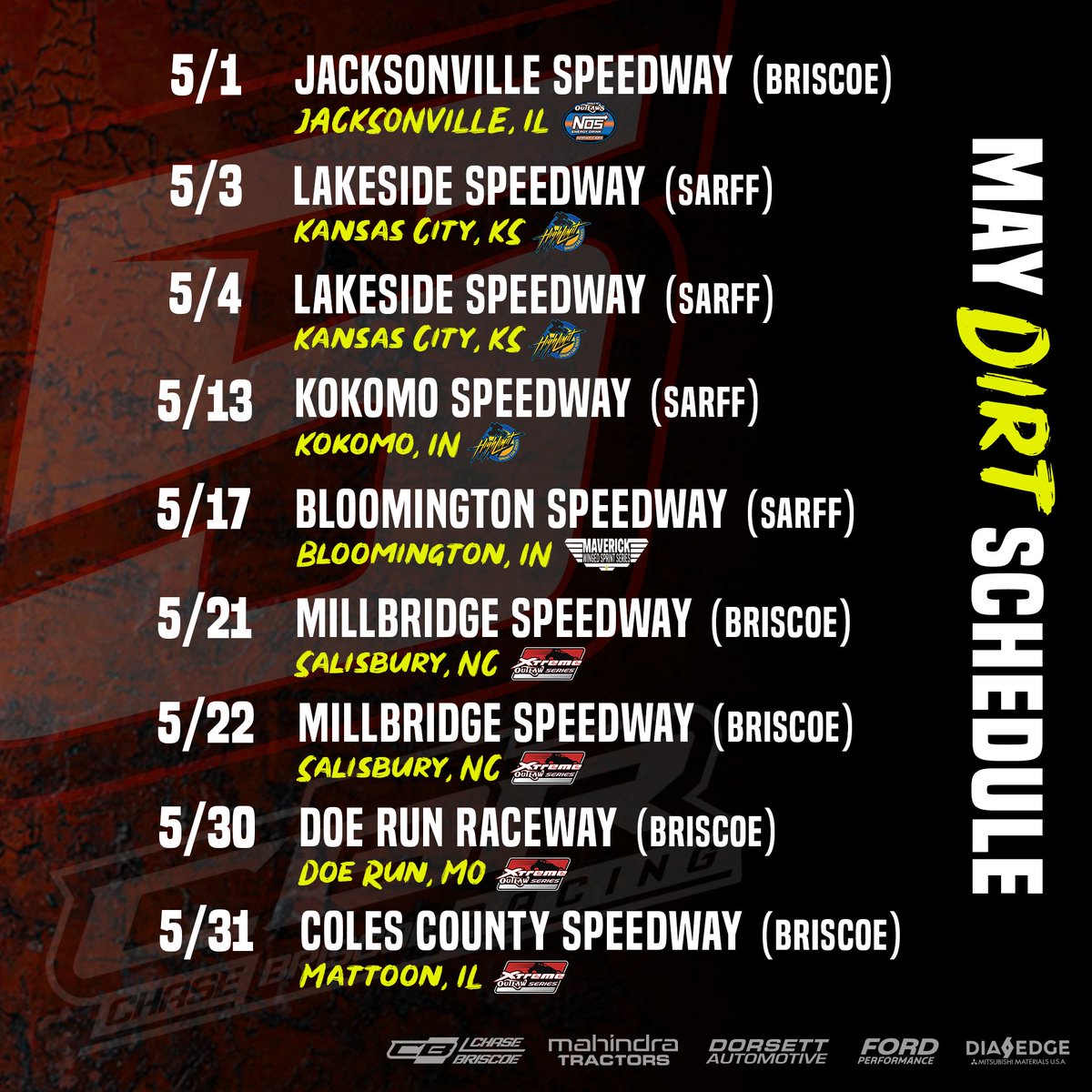 May dirt schedule 👇 kicking it off with the @WorldofOutlaws at @jaxspeedway next week. Come check it out!