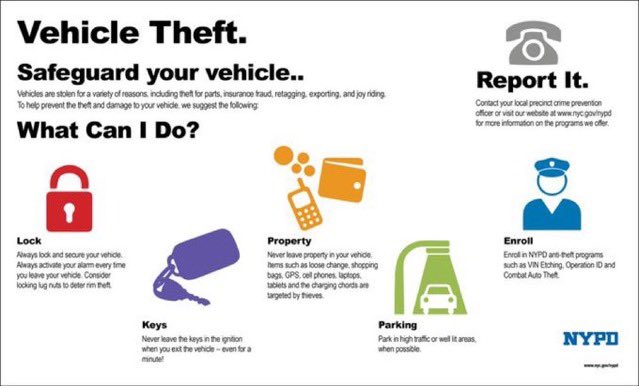 Vehicles are stolen for a variety of reasons, including theft for parts, insurance fraud, exporting, and joy riding. To help prevent theft, or damage to your vehicle, we suggest the following: