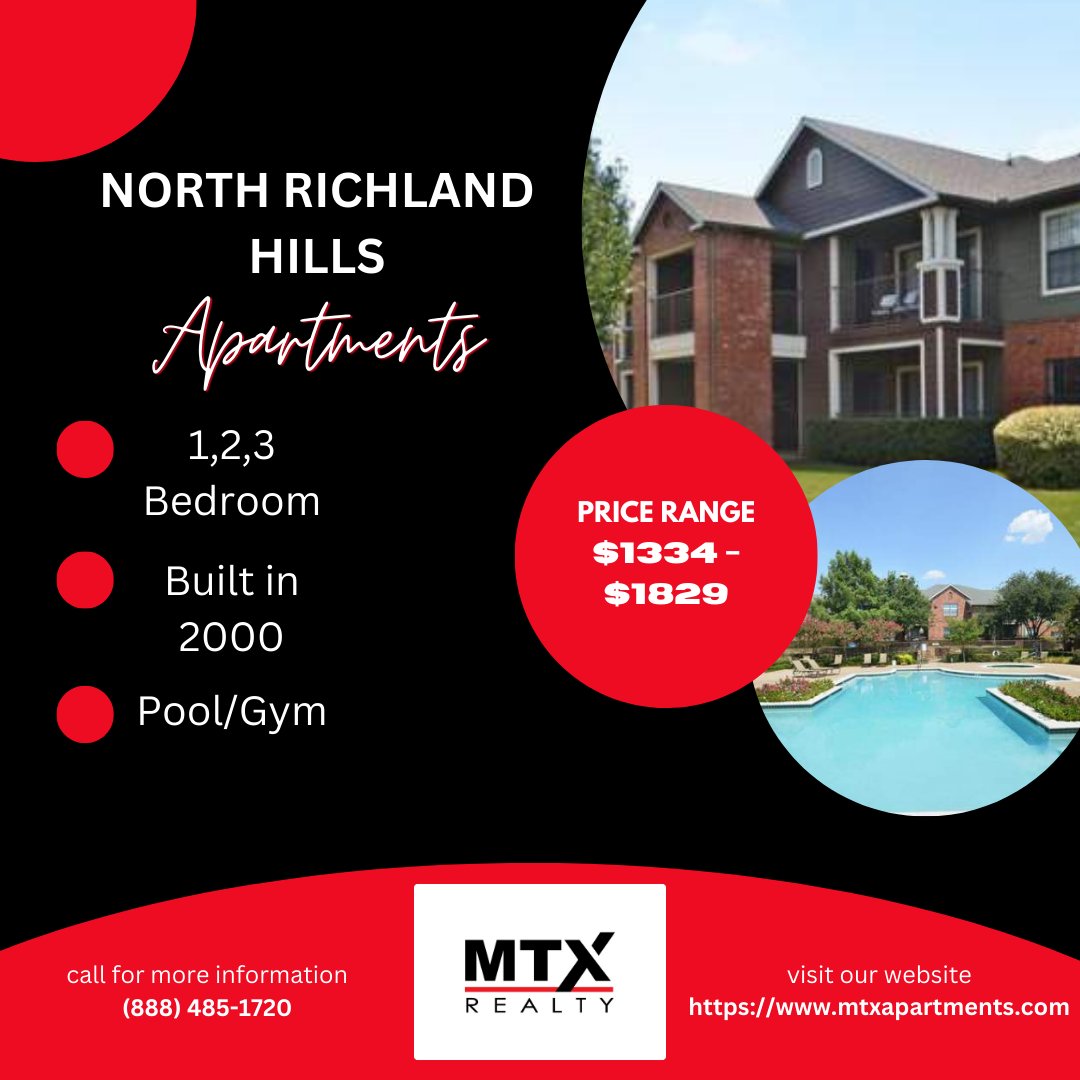 🌟 #LiveNRH 🏡

MTX Realty presents in North Richland Hills:

🛏️ 1-3 BRs from $1334!
🏊 Pool & 🏋️ gym!
🏢 2000 build: Modern comforts!
📞 Call (888) 485-1720 to explore!

#MTXRealty #NRHLiving #ComfortAndStyle 🌆✨