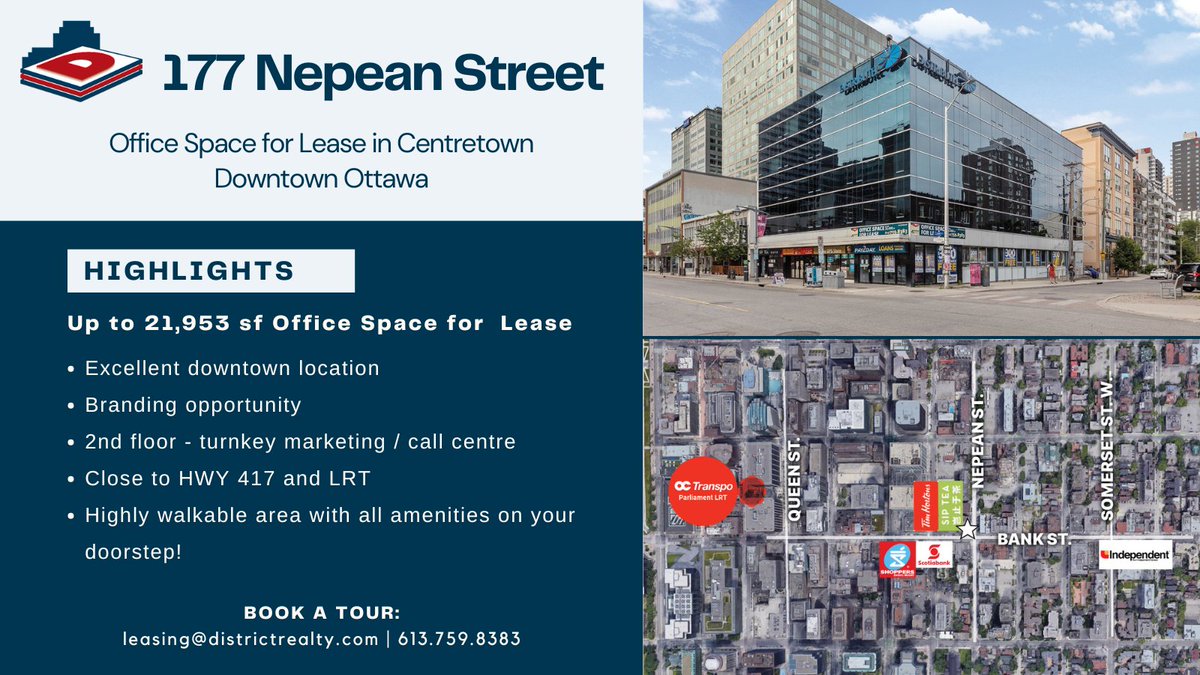 Prime office space for lease in Centretown

177 Nepean Street | Up to 21,983 sf available with potential for corporate branding along a major thoroughfare in downtown Ottawa. Great transit options and all amenities on your doorstep!

Book a tour ☎️ 613-759-8383

#DistrictRealty