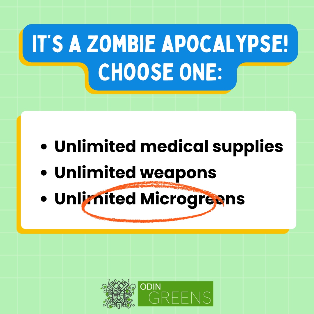 It's a zombie apocalypse – what's your survival strategy? 🧟‍♂️

💥 Choose wisely: unlimited medical supplies, unlimited weapons, or unlimited microgreens from Odin Greens? 

#nutritionblogger #igweightloss #nutritionplan
