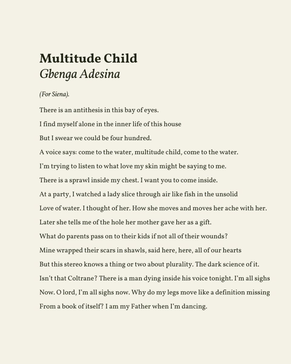 “Later she tells me of the hole her mother gave her as a gift. / What do parents pass on to their kids if not all of their wounds?” — Gbenga Adesina