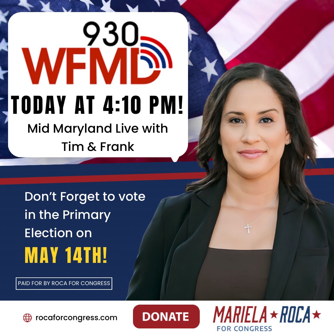 Very excited that I will be joining WFMD this afternoon at 4:10 PM on Mid Maryland Live with Tim & Frank. Hope you can tune in and listen here ➡️ wfmd.com   #rocaforcongress #MD06