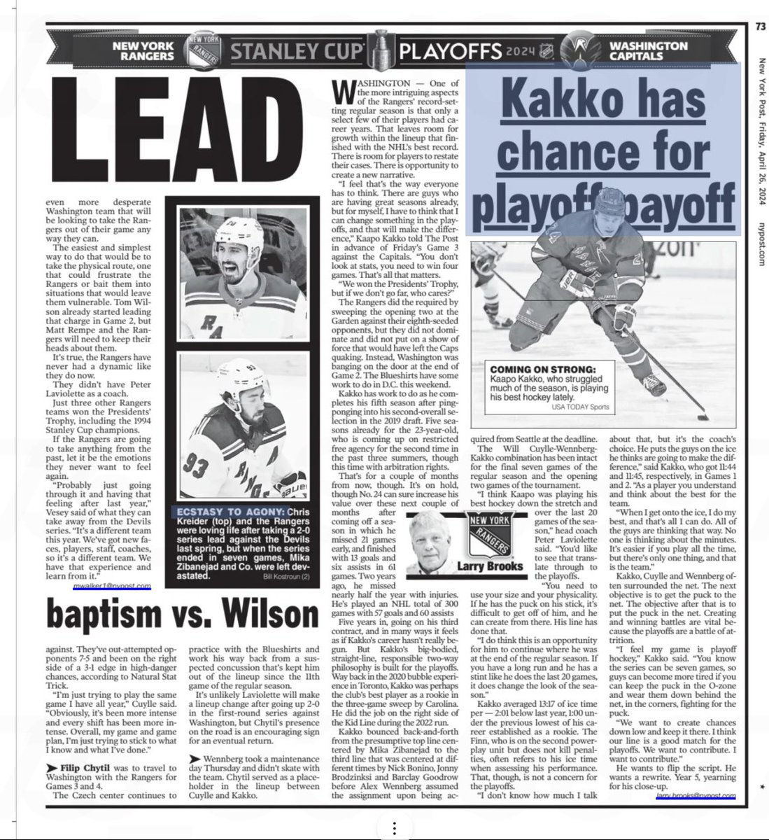 #NYR spread in today’s @nypost ahead of Game 3 vs. Capitals⬇️ Rangers leaving previous 2-0 series failures in past➡️ bit.ly/3w0De4h Will Cuylle on going up against Tom Wilson➡️ bit.ly/4aRO6k4 Brooks: Kaapo Kakko can flip Rangers script➡️ bit.ly/4b7oxM9