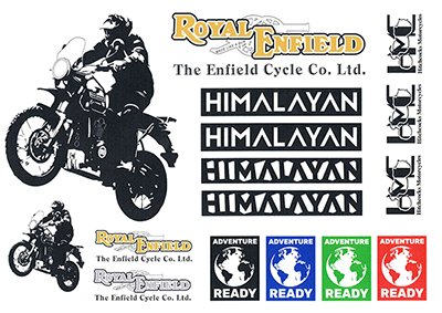 Himalayan 16 Piece A4 Sticker Sheet Includes large Himalayan & rider, small Himalayan & rider, large Enfield Cycle Co, small Enfield Cycle Co, Himalayan logos, Adventure ready globes & Hitchcocks Motorcycles logos. Available from Hitchcocks Motorcycles. Part No. STICKER99