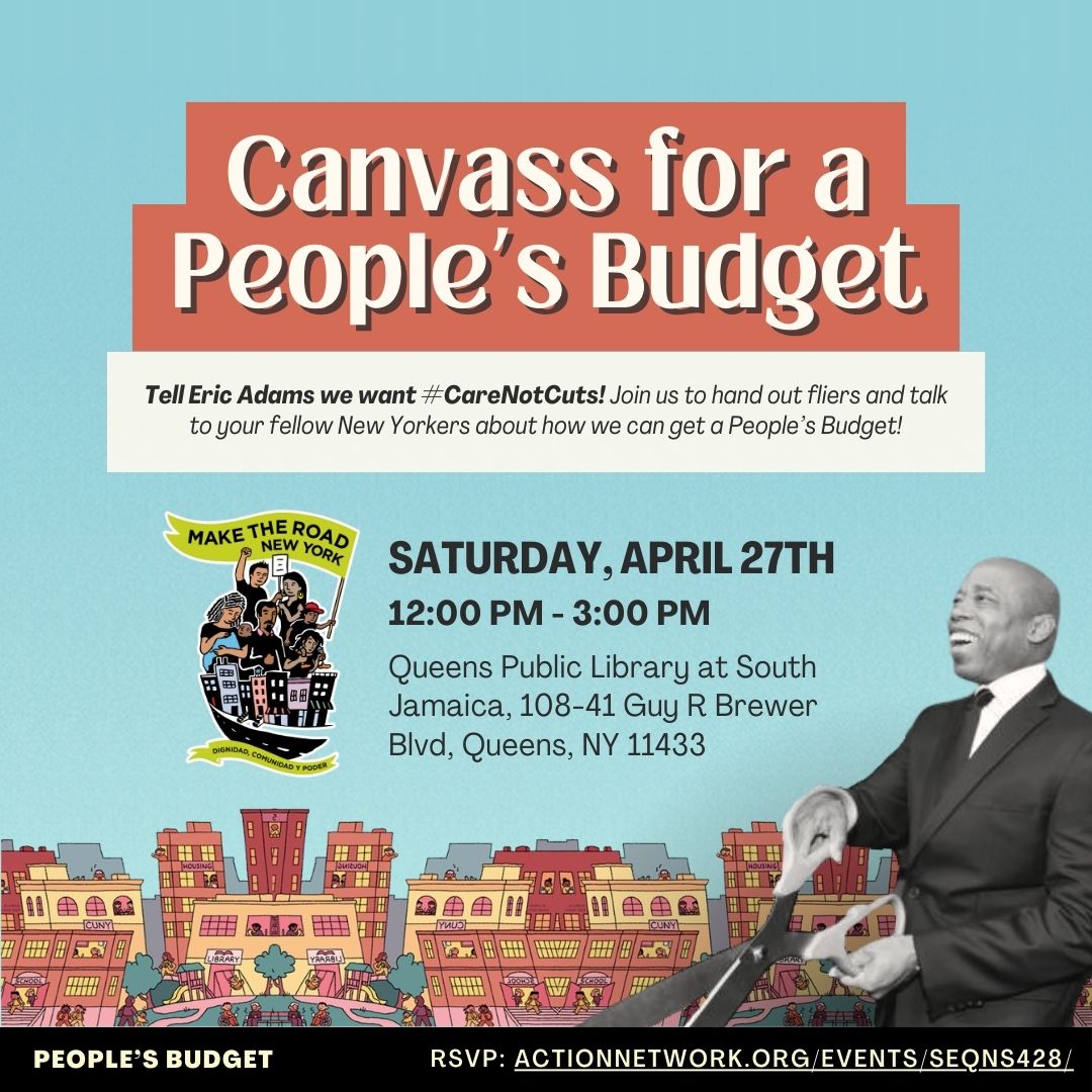 NYers need #CareNotCuts & investments in schools, housing, childcare, parks, & libraries but @NYCMayor’s FY25 budget just slashes core services! 💪Join us this Saturday at the Queens Public Library to canvass for a #PeoplesBudget & #CareNotCuts. RSVP: actionnetwork.org/events/seqns42…