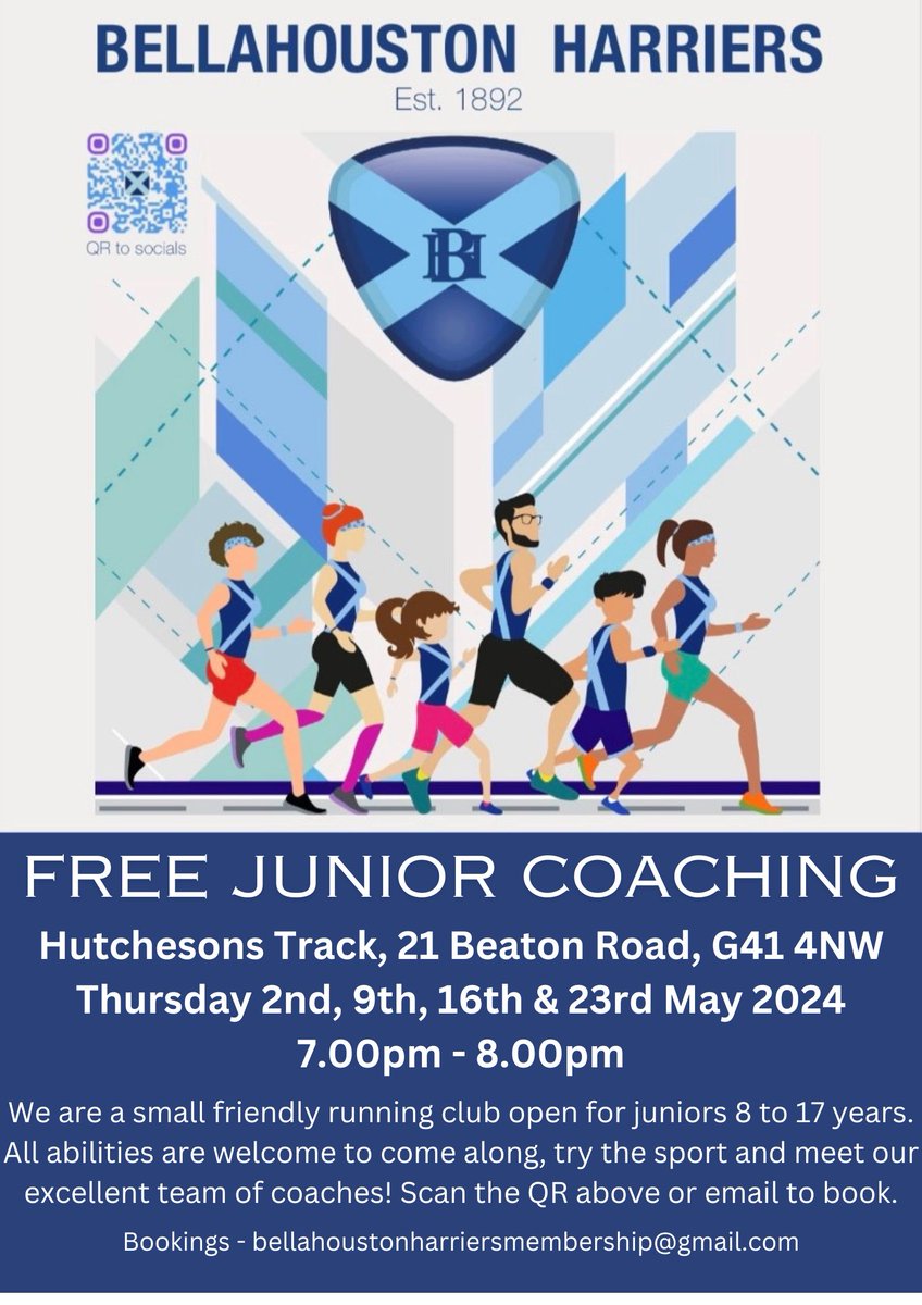 FREE JUNIOR COACHING! Our friends at @BellaHarriers are hosting a block of FREE junior coaching for runners aged 8+ Tuesday 2nd, 9th, 16th & 23rd May 7.00pm - 8.00pm Hutchesons Track, 21 Beaton Road, G41 4NW Sign up @ docs.google.com/forms/d/e/1FAI… @scotathletics @glasgowath