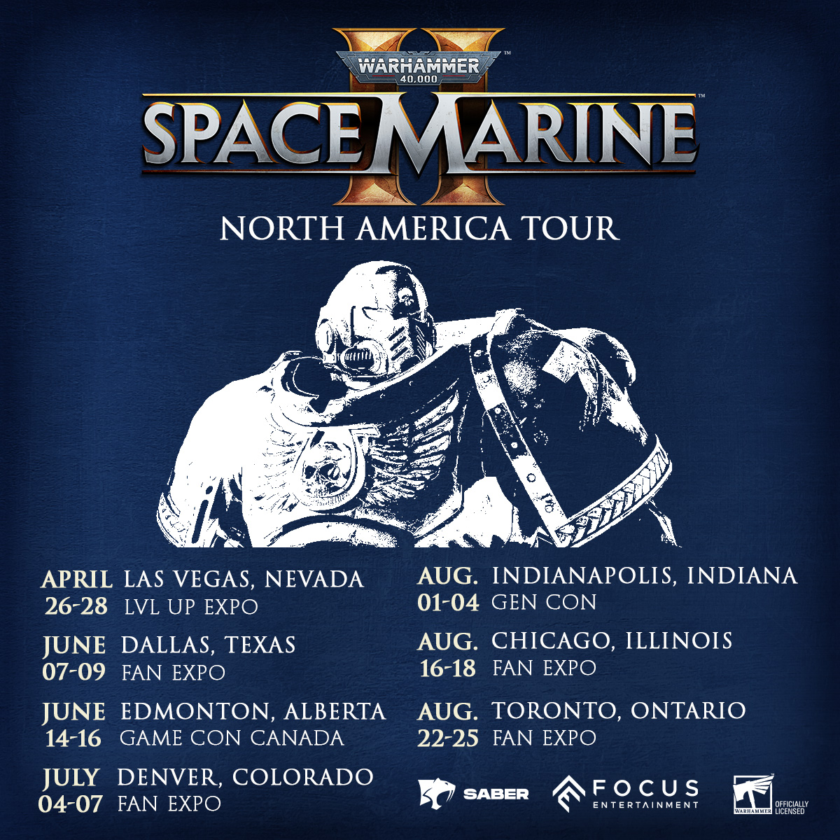 We are showcasing #SpaceMarine2 in the US and Canada for our first North America Tour! 🦅🍁 Get your hands on it for the first time and experience the brutality of Space Marine 2! 👉 Check the dates to make sure you don't miss it!
