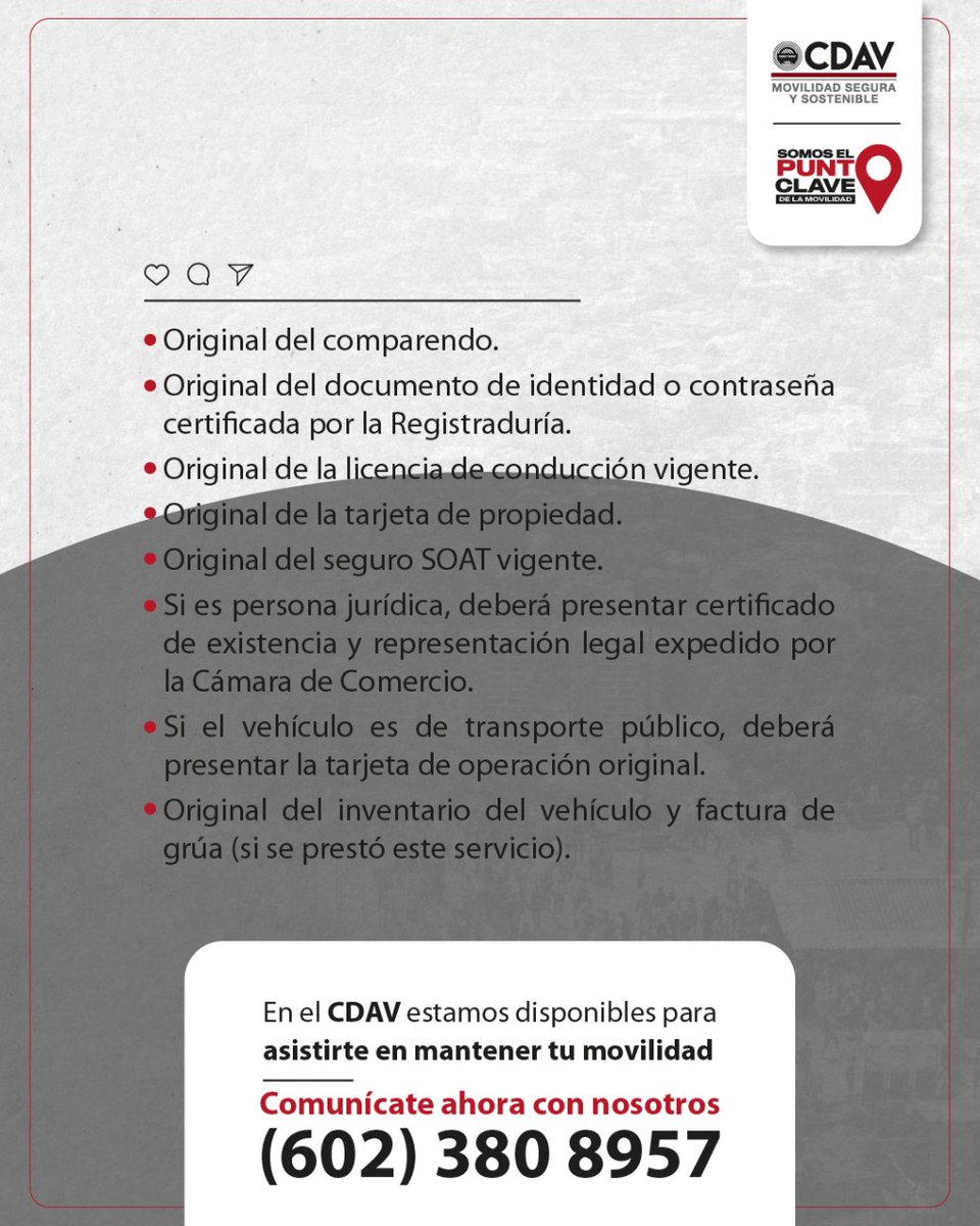 CDAVCali's tweet image. ¿Retirar tu vehículo puede ser tedioso?, pero en el CDAV somos tu aliado perfecto para realizar tu trámite de salida de vehículo. Contáctanos ahora y te ayudaremos con el proceso. Recuerda cumplir con todos los requisitos para agilizar el trámite. ¡Ven a #ElPuntoClave hoy mismo!