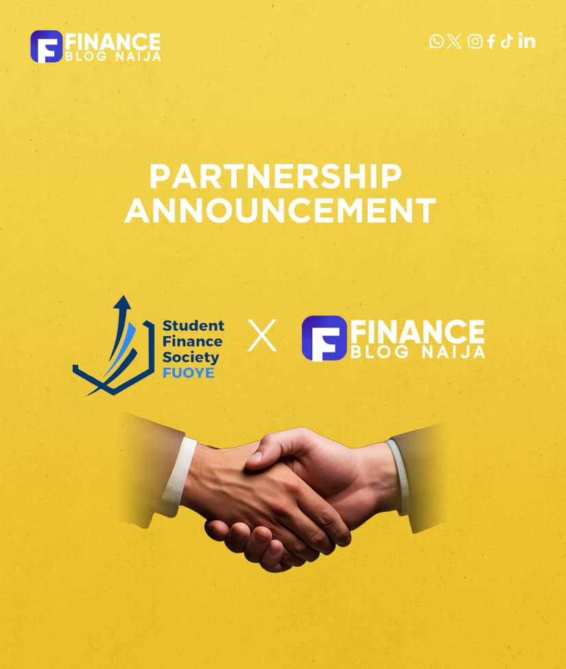 Partnership Announcement🎉🎉
We are excited to announce an exciting collaboration between Student Finance Society(SFS), FUOYE and Finance Blog Naija.

This collaboration signifies our commitment to providing students with unparalleled opportunities for growth and learning.