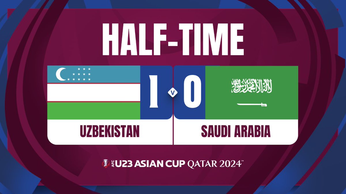 ⏰ HT | 🇺🇿 Uzbekistan 1️⃣-0️⃣ Saudi Arabia 🇸🇦 Husain Norchaev's goal is the difference at half-time. How will the reigning champions respond in the next 45 mins? 📺 Watch Live gtly.to/zzhR_62Mr #AFCU23 | #UZBvKSA