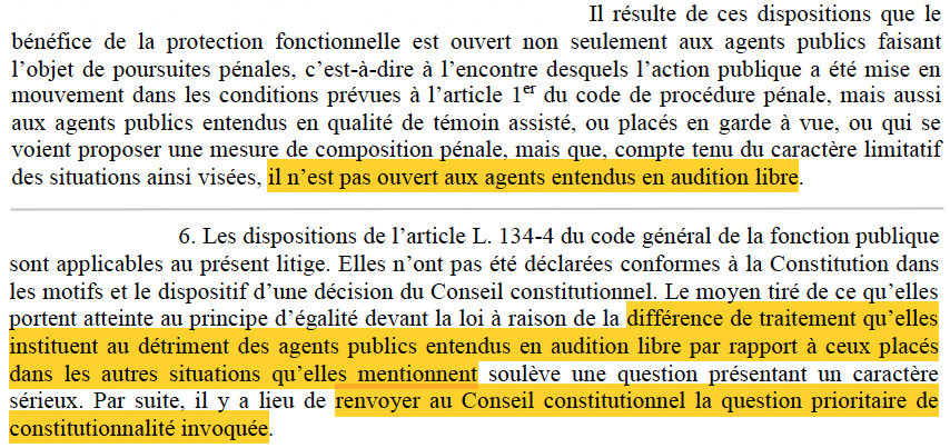 Principe d'égalité &amp; audition libre : Le <a href="/Conseil_Etat/">Conseil d'État</a> saisit le <a href="/Conseil_constit/">Conseil constit</a> d'une QPC.

Car le bénéfice de la protection fonctionnelle n'est pas ouvert aux agents publics entendus sous le régime de l'audition libre.

Alors que tel est le cas si sont gardés à vue ou témoins.