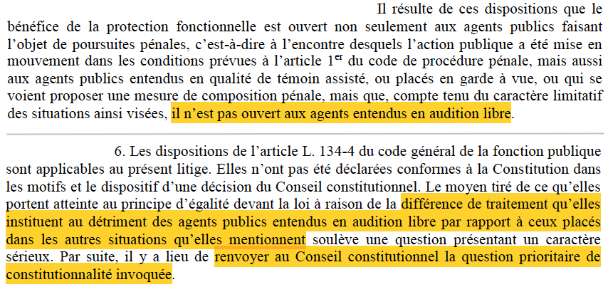 Principe d'égalité & audition libre : Le @Conseil_Etat saisit le @Conseil_constit d'une QPC. Car le bénéfice de la protection fonctionnelle n'est pas ouvert aux agents publics entendus sous le régime de l'audition libre. Alors que tel est le cas si sont gardés à vue ou témoins.