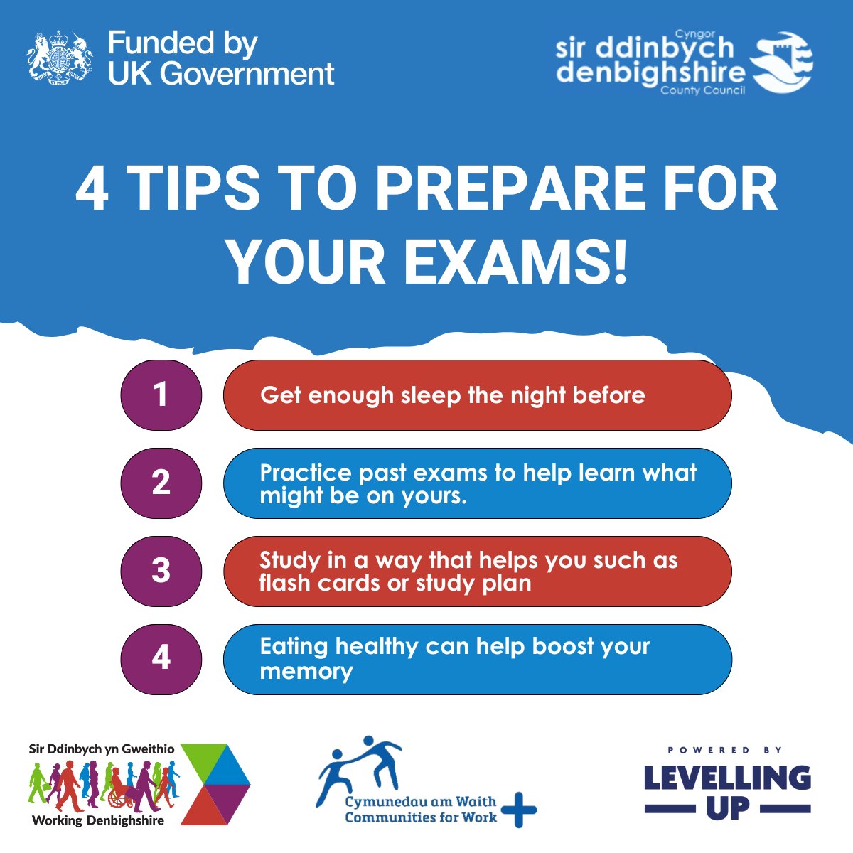 We have put together 4 tips and tricks to help you prepare for your exams. 📝 Contact us today for more help at: Working.Denbighshire.gov.uk To learn more visit: denbighshire.gov.uk/working-denbig…