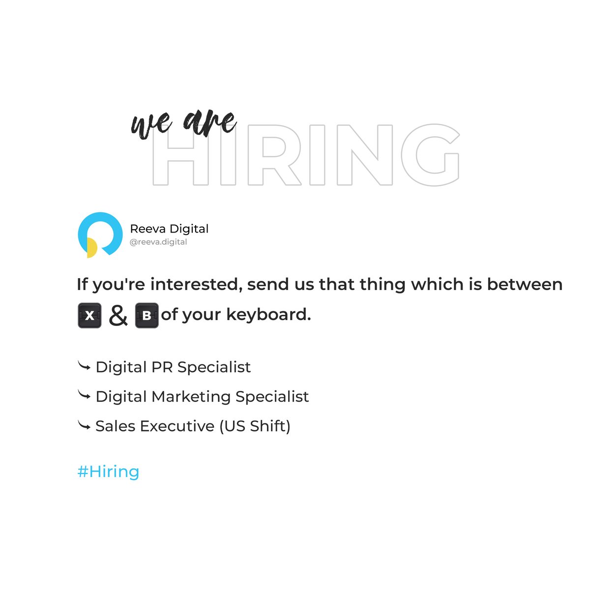 ⚠ Hiring Alert ⚠ 

➡ Digital PR Specialist
➡ #DigitalMarketing  Specialist
➡ Sales Executive (US Shift)

#jobshiring #hiring #hiringnow #trend #momentmarketing #trendingpost #trendingnow #wearehiring #joblistings #jobopenings #jobalerts #growwithus #marketingjobs