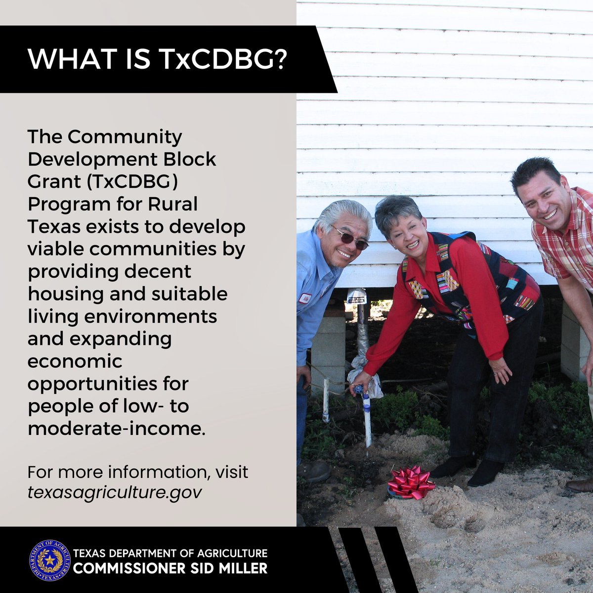 Commissioner Miller and TDA are celebrating 50 years of the Community Development Block Grant Program (CDBG) TDA has proudly awarded over 10,000 grants totaling over $2.9 billion to Texas communities and organizations #TexasAgricultureMatters