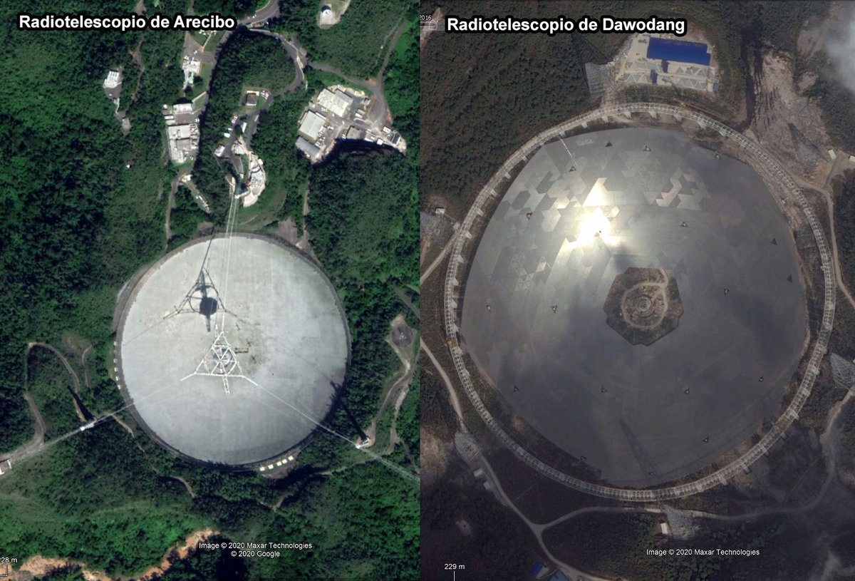 #Recalentado 
El desaparecido radiotelescopio de Arecibo en Puerto Rico y el nuevo radiotelescopio de Dawodang en China, en la misma escala #elproblemadelos3cuerpos