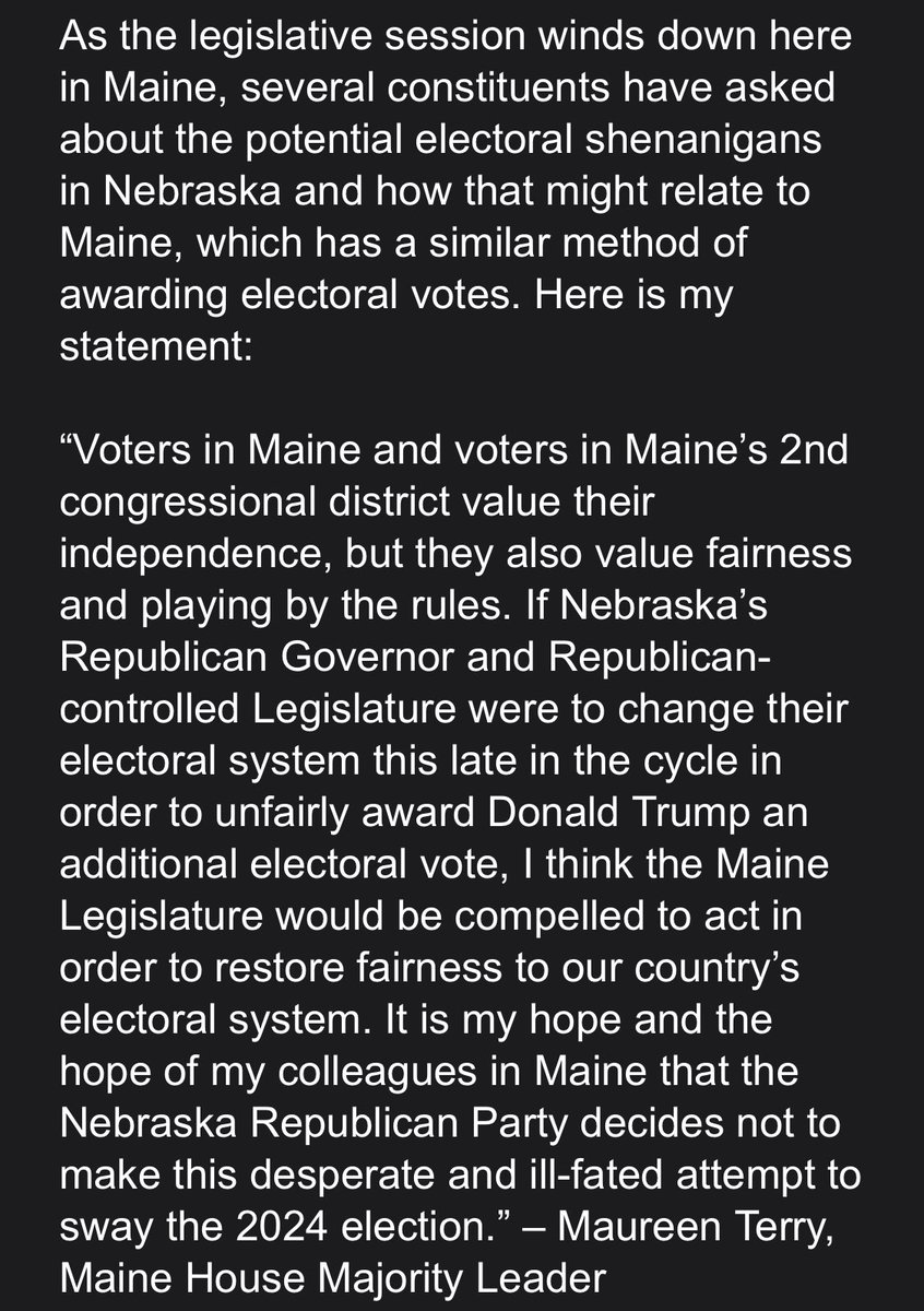 Maine House Maj leader: If Nebraska Republicans “were to change their electoral system this late in the cycle … to unfairly award Trump an additional electoral vote, I think the Maine Leg would be compelled to act in order to restore fairness to our country’s electoral system.”