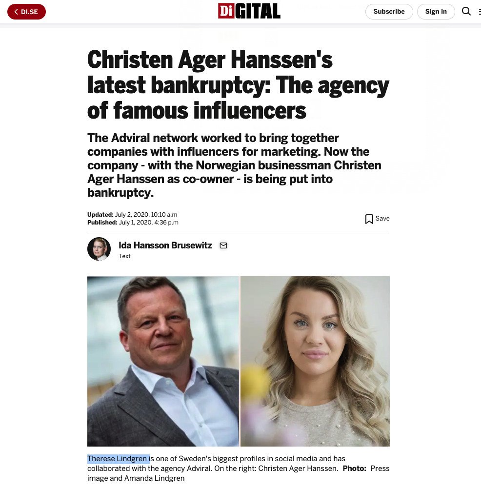 startupdefence's tweet photo. Perhaps Ager-Hanssen is just jealous of these women's success? Afer-all, his own Adviral influencer agency collapsed into bankruptcy a few years ago, owing influencers millions in unpaid fees. https://t.co/e0MHlnS1U8