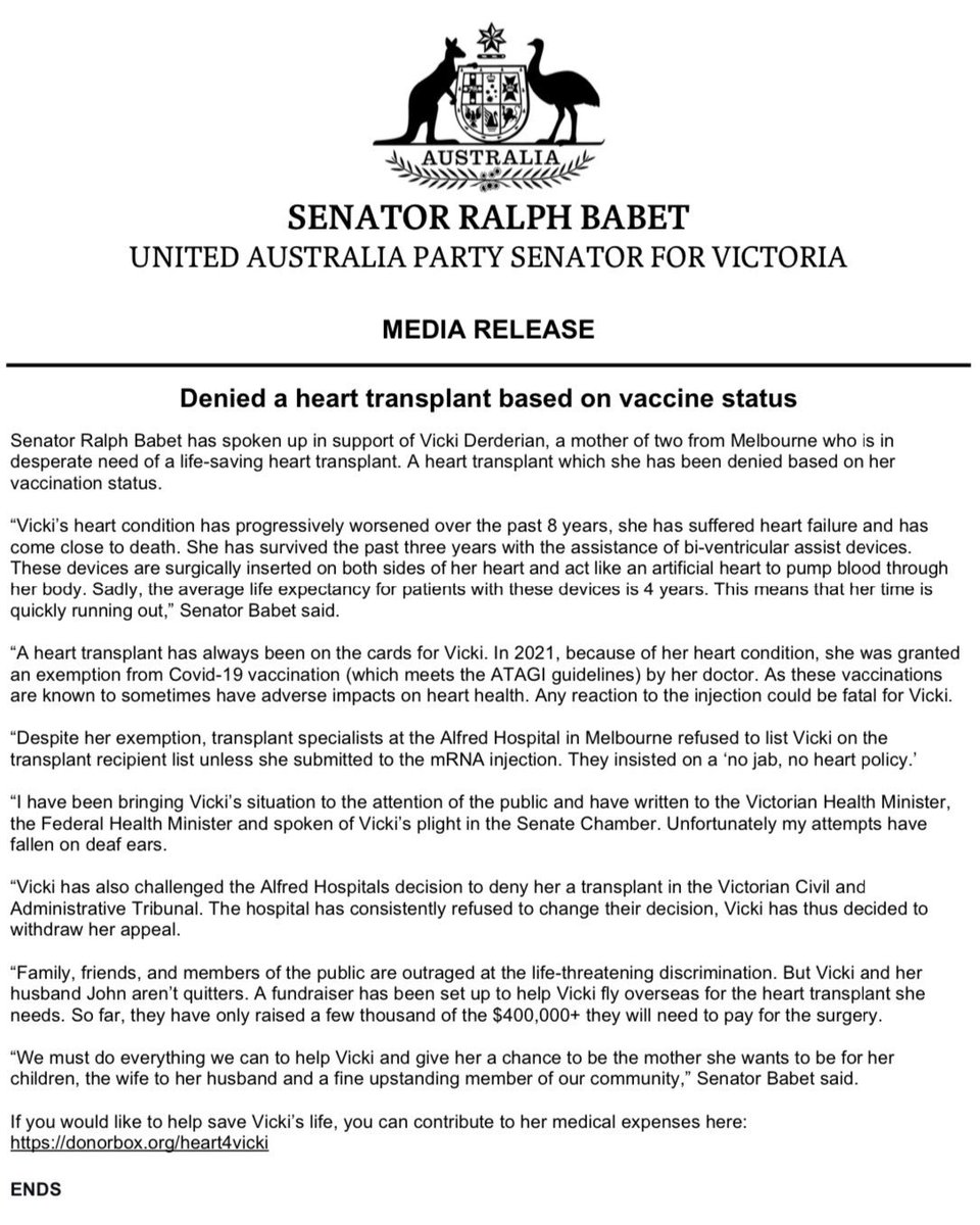 And suffers...'suddenly'😪💔 *Vicki Derderian-47 yrs-Australia *2023 *Mom denied lifesaving Heart Transplant *“no jab, no heart” *'ineligible-not C19 vaccinated' *“I think it’s a form of punishment' “I don't know how long this machine will sustain me'🙏 nypost.com/2023/05/08/unv…