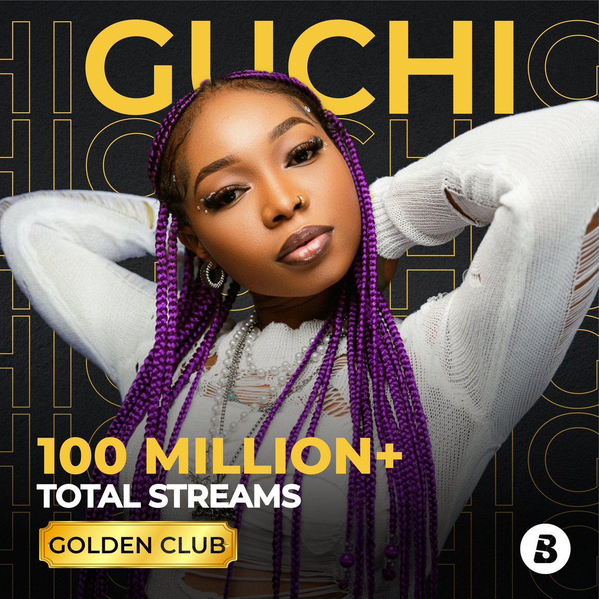 Purple Queen goes Golden! 💜🏆 Special Congratulations to @Officialguchi as she joins the #BoomplayGoldenClub for hitting 100,000,000 Boomplay streams. Celebrate this star by streaming her hits here! ➡️ Boom.lnk.to/GuchiFocus #Guchi100mBoomplayStreams