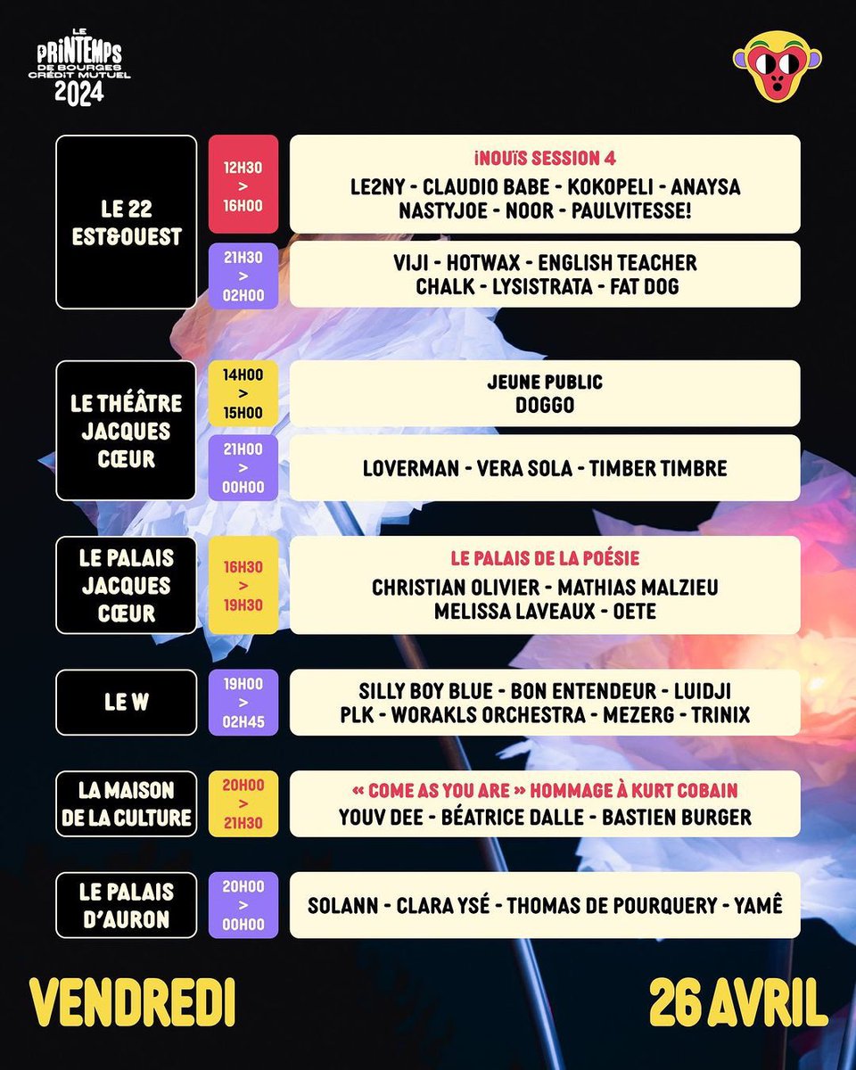 Programme de ce vendredi au @PrintempsDB 🔥

#pdb24 #printempsdebourges #bourges #festival #concert #pdb2024