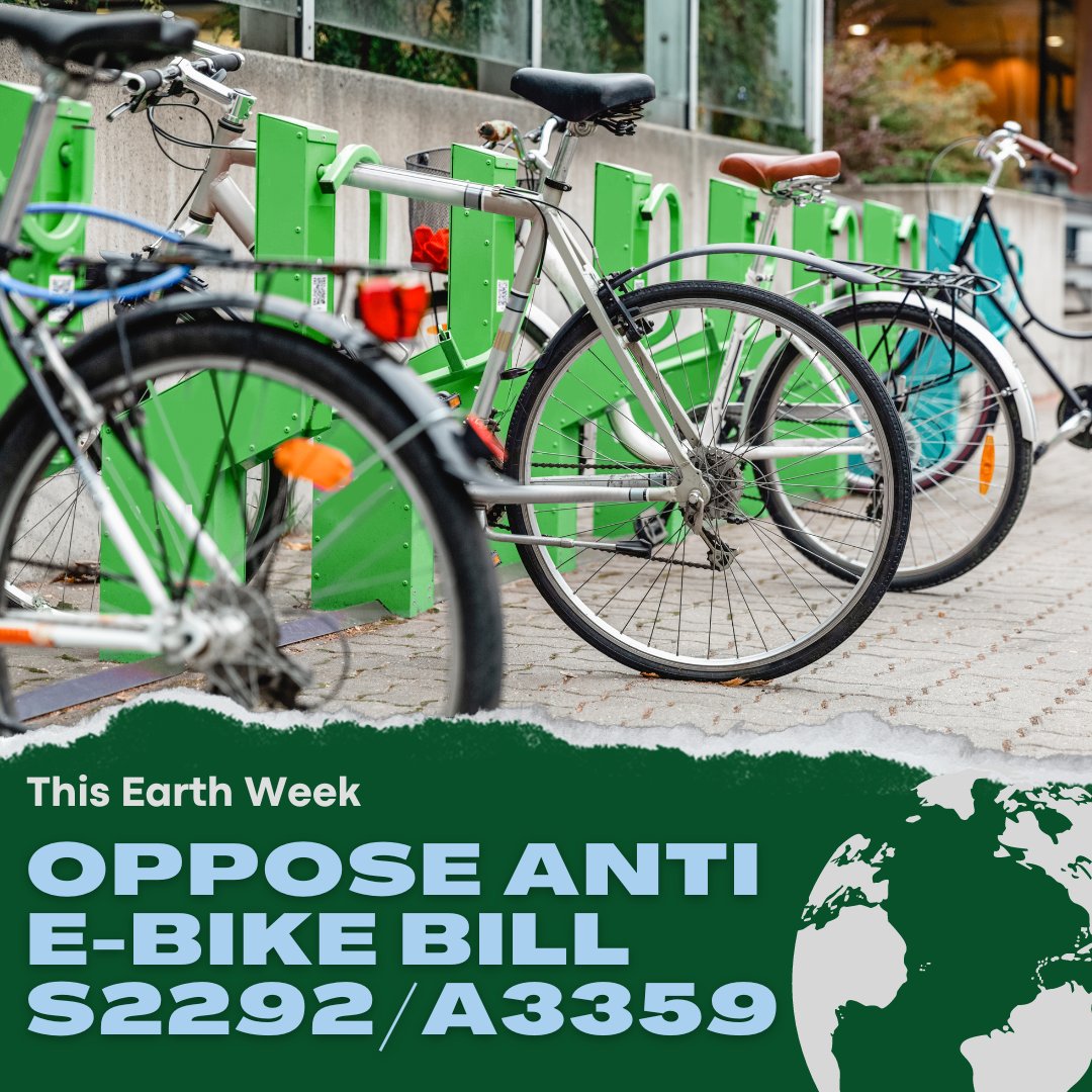 EnvironmentNJ's tweet image. Happy #EarthWeek2024! Let’s celebrate by supporting sustainable transportation options, not restricting them. Don’t let NJ lawmakers stop our environmental progress - say no to NJ Bill S2292/A3359 that will make it harder and more expensive for New Jerseyans to ride e-bikes.