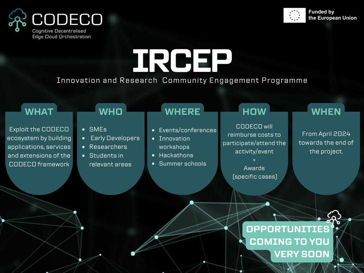 📣 Exciting news! Introducing IRCEP, CODECO's Innovation and Research Community Engagement Programme! Our goal: Expand the #CODECO ecosystem. Learn more: he-codeco.eu/ircep/. Opportunities coming soon! 👀 #AI #edgecloud #IoT #kubernetes #EUprojects