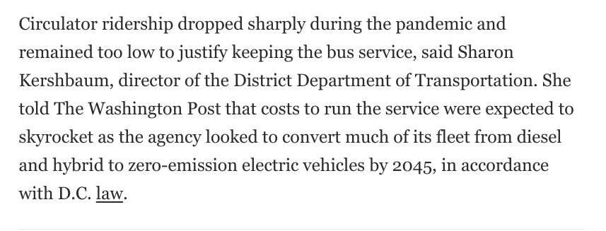 Myopic focus on the emissions of transit vehicles is a contributing factor to DC eliminating it's Circulator bus system Any transit strategy that isn't 'focus on growing ridership and shifting mode-share from cars' is going to be counter-productive, including for the environment