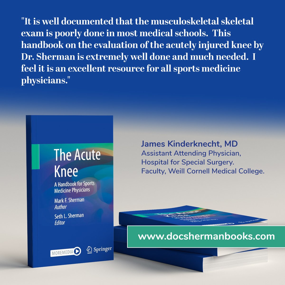 Thank you to James Kinderknecht, MD, for recommending the book my dad recently wrote (and I edited). Dr. Kinderknecht is currently a team physician for the New York Giants. Read the 1st chapter: docshermanbooks.com. 
⠀
#theacuteknee #kneeinjury #kneeinjuries @hspecialsurgery