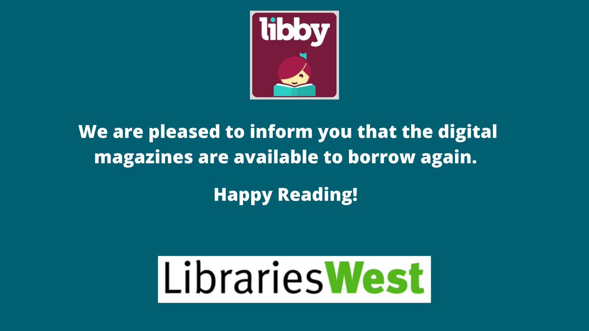 We are pleased to inform you that the Libby service (digital magazines) is now working again, including any back issues missed whilst the service was unavailable. Please accept our apologies for the disruption in service, and thank you for your patience and for bearing with us.
