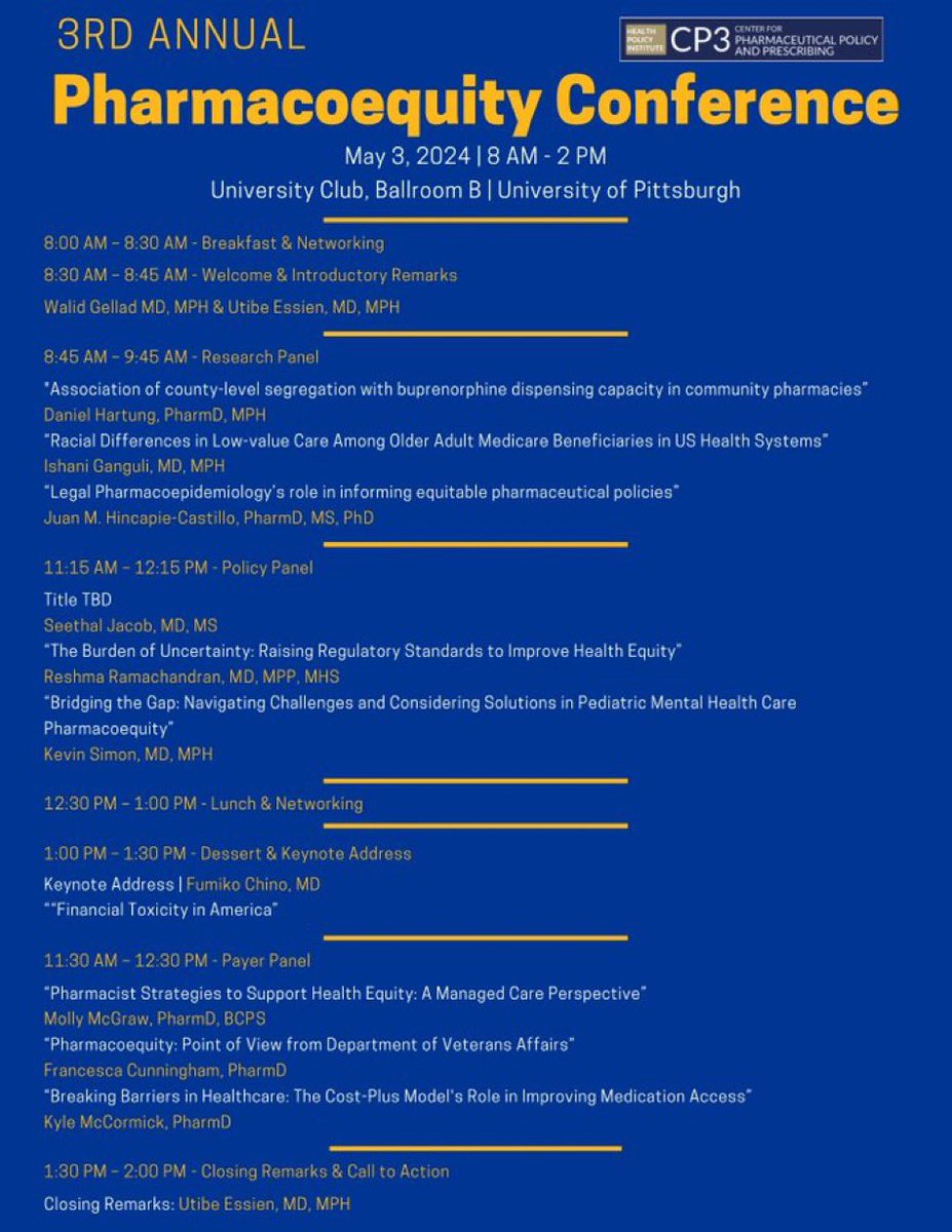 Hard to believe we’re just 1 week away from the 3rd Annual Pharmacoequity Conference! 😅

We’re putting the last touches together on what is sure to be an AMAZING meeting.

We flew past that 300 registered goal - let’s make it *400*! 

health.pitt.edu/news/pitt-host…

#Pharmacoequity2024