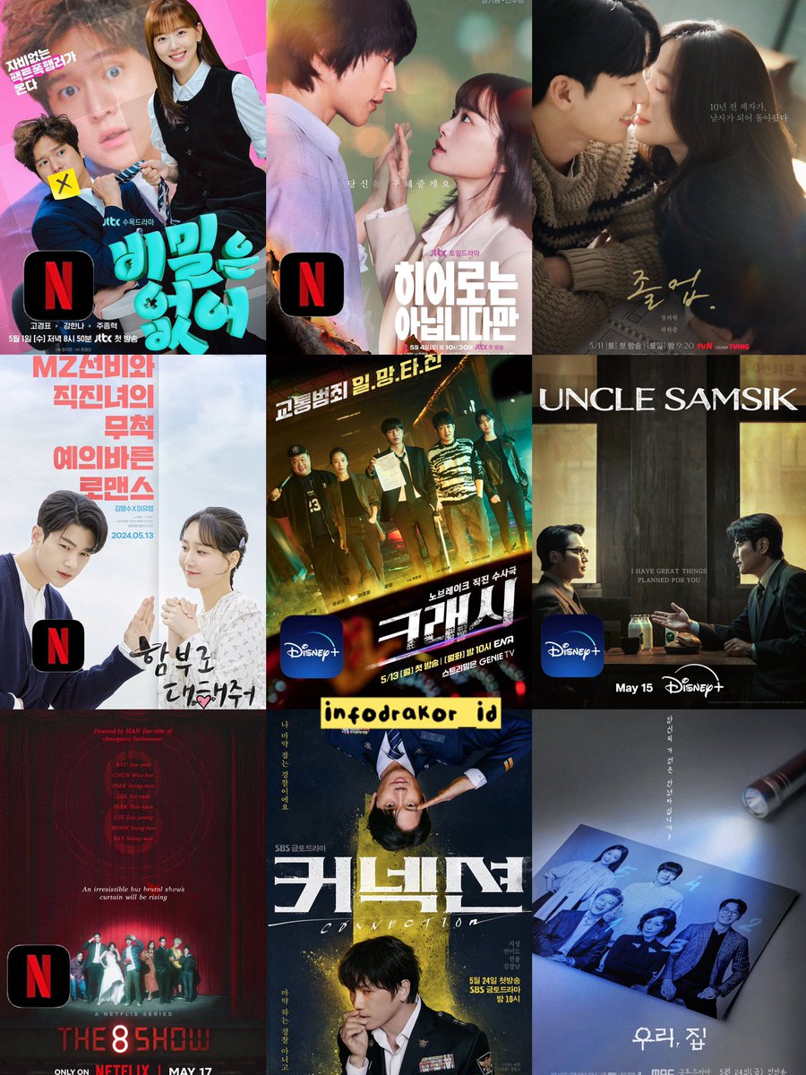 🔜 KDrama Tayang Mei 2024

JTBC #FranklySpeaking (1)
JTBC #TheAtypicalFamily (4)
tvN #TheMidnightRomanceinHagwon (11)
KBS #DareToLoveMe (13) 
ENA #Crash (13) 
Disney+ #UncleSamsik (15)
Netflix #The8Show (17) 
SBS #Connection (24)
MBC #BitterSweetHell (24)