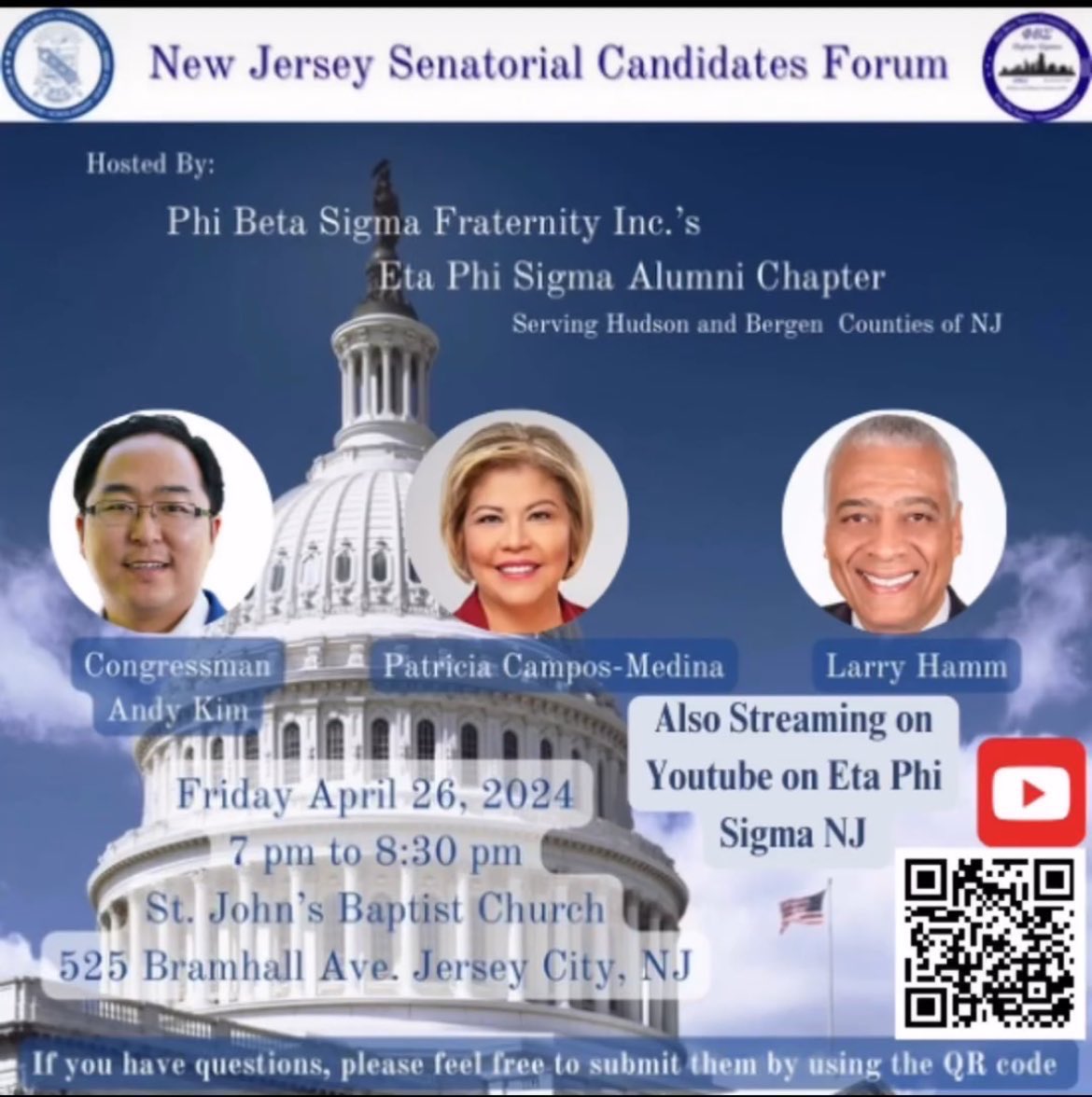 Thank you, Eta Phi Sigma for inviting me to your NJ Senatorial Candidate Forum to discuss crucial issues facing New Jerseyans. See you at St. John’s Baptist Church, 525 Bramhall Ave in Jersey City, from 7 pm to 8:30 pm. Don't miss this opportunity for meaningful dialogue!