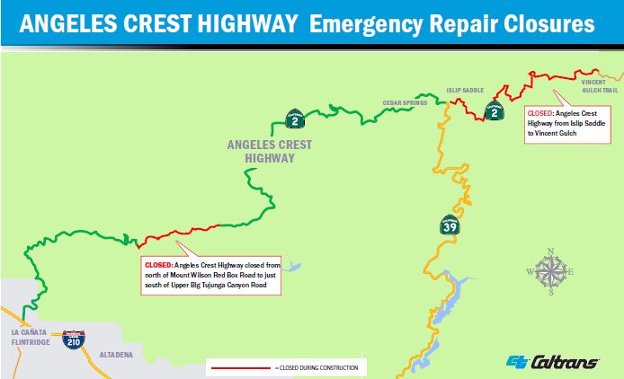 *State Route 2- Angeles Forest* SR-2 (Angeles Crest Hwy) is closed from north of Mt. Wilson Red Box Rd. to south of Upper Big Tujunga Cyn Rd. & from Islip Saddle to Vincent Gulch due to emergency repairs & hazardous travel conditions. More details at tinyurl.com/met3e5rw