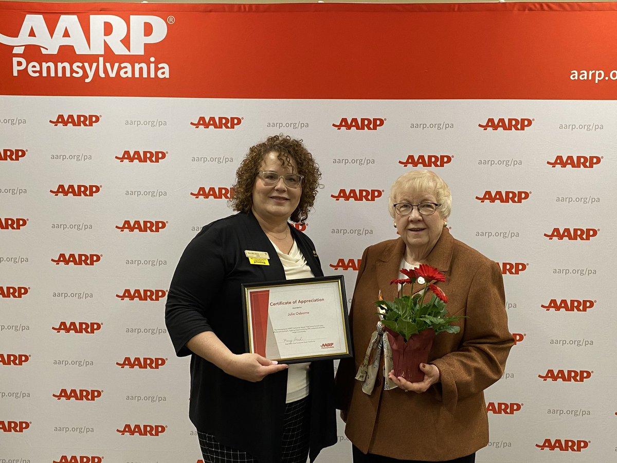 Yesterday in Harrisburg, local UPS store owner Julie Osborne accepted a certificate of recognition from @MBachadvocate, Chair of AARP Pennsylvania Consumer Issues Task Force, for her role in helping stop a grandparent scam targeting a 92 year old man.