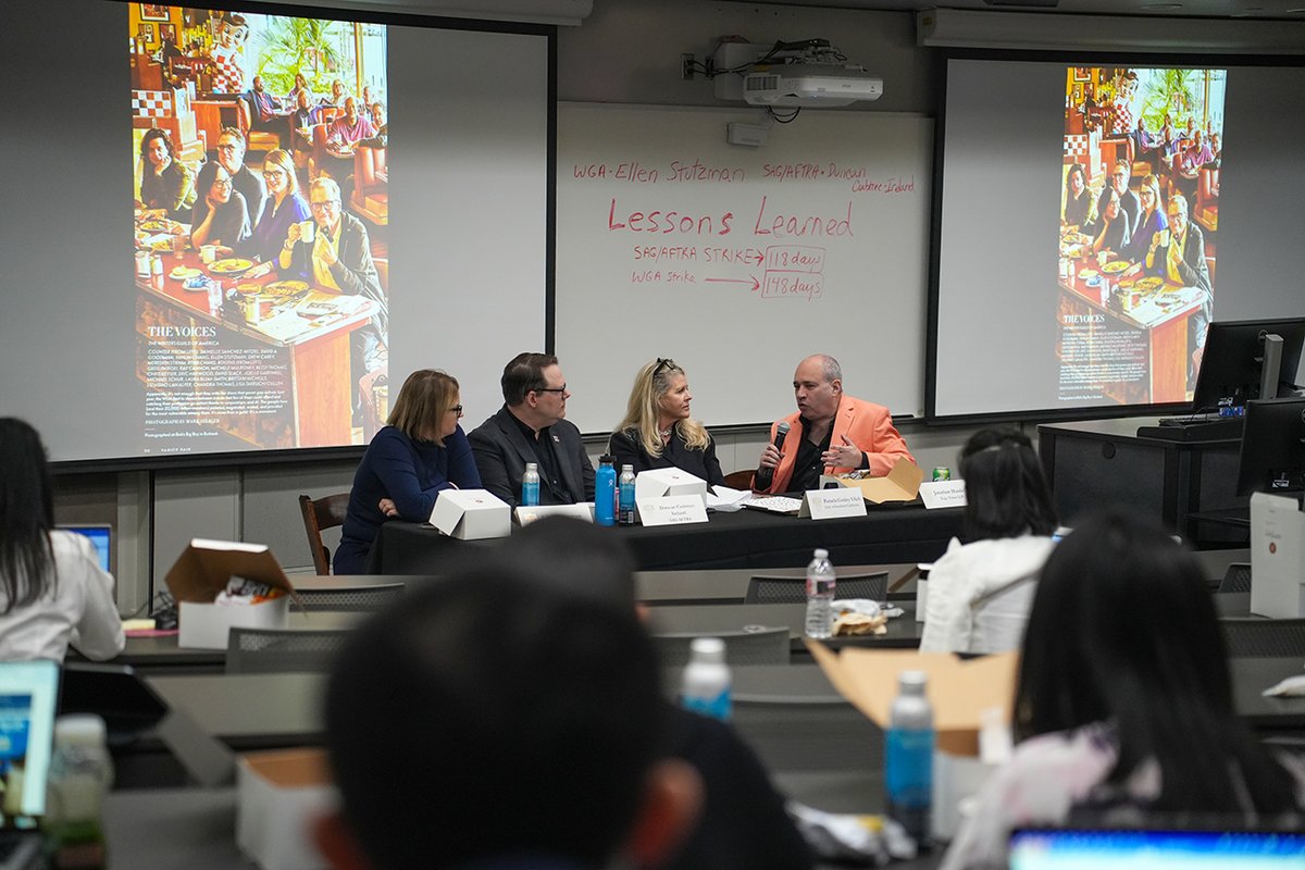 #USCGould hosted a lunch panel discussion this week about the entertainment industry strikes in 2023 featuring Duncan Crabtree-Ireland (@DuncanCI) and Ellen Stutzman (@ellenstutzman), moderated by Pamela Conley Ulich (@MayorMom) and Jonathan Handel (@jhandel) #GouldDiscourse