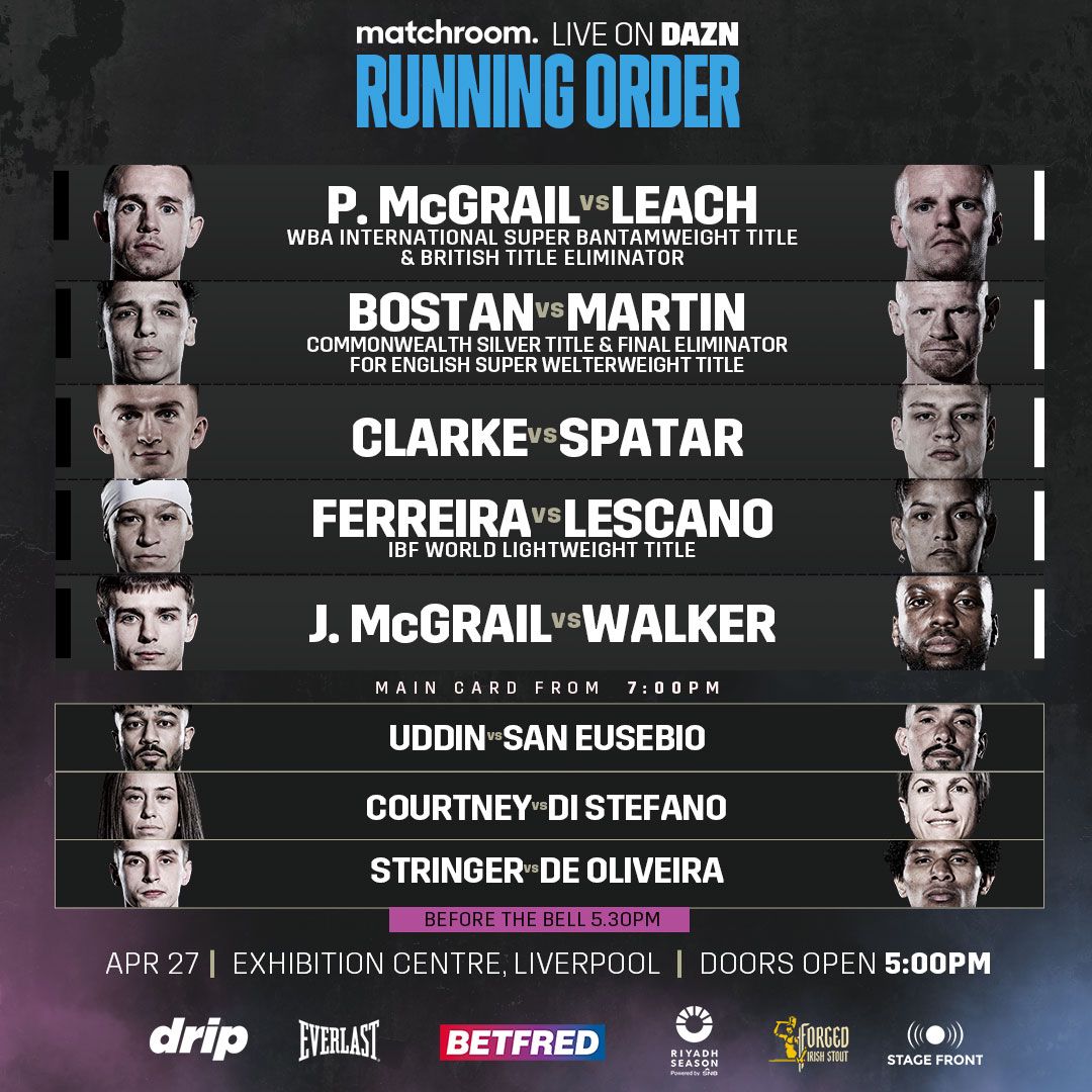 📜 Running order for #McGrailLeach tomorrow ℹ️ Please note, doors now open at 5pm at @yourECL Live worldwide on @DAZNBoxing 👊