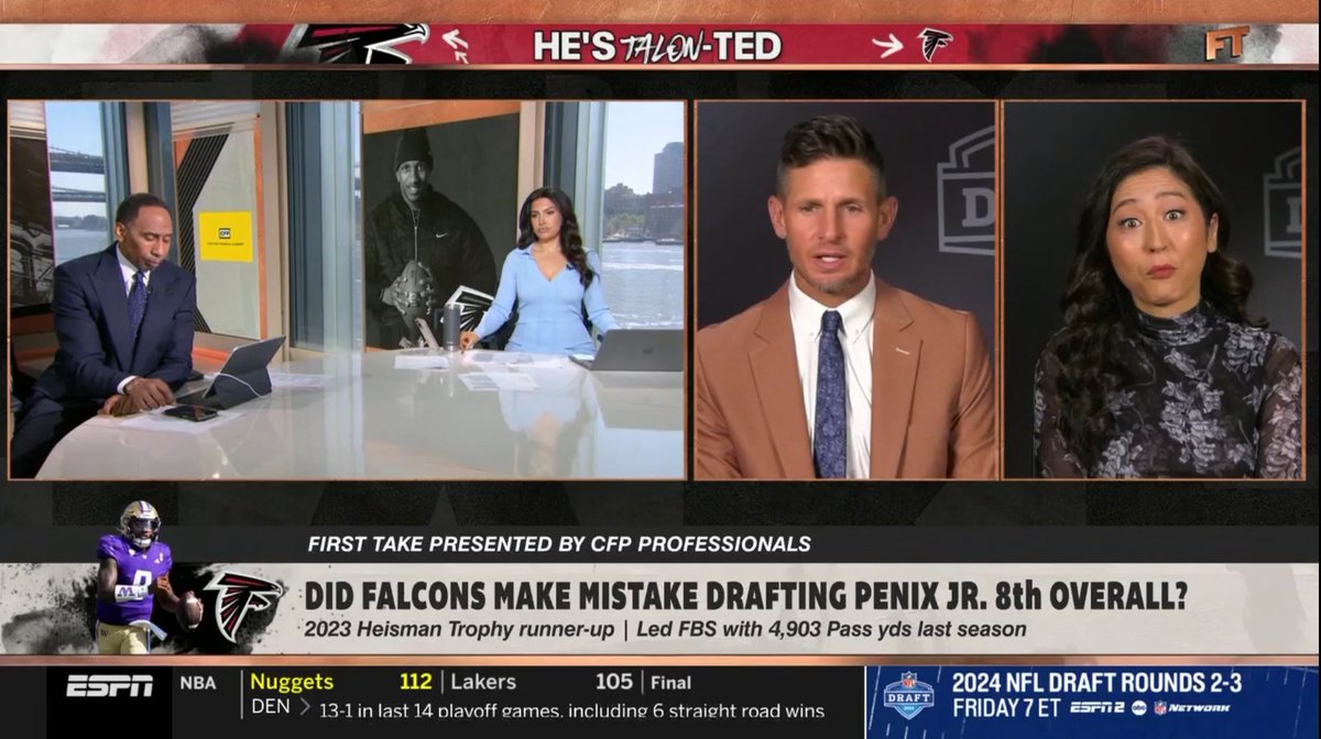 The look on @minakimes' face when she realized Dan Orlovsky was about to defend the Falcons selecting Michael Penix Jr.