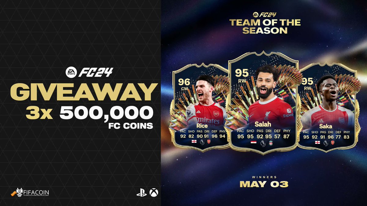 🚨#FC24 Giveaway

How to enter:
🔁 Retweet
✅ Follow @FIFAUTeam & @FIFACOINtw
🩷 Tag a friend

🏆Prize:
3x 500,000 FC 24 Coins

🪙Sponsor
discord.com/invite/jJnMdaj…

⏳Winners will be announced on May 03.
#EAFC24 #FC24 #Giveaway #TOTS