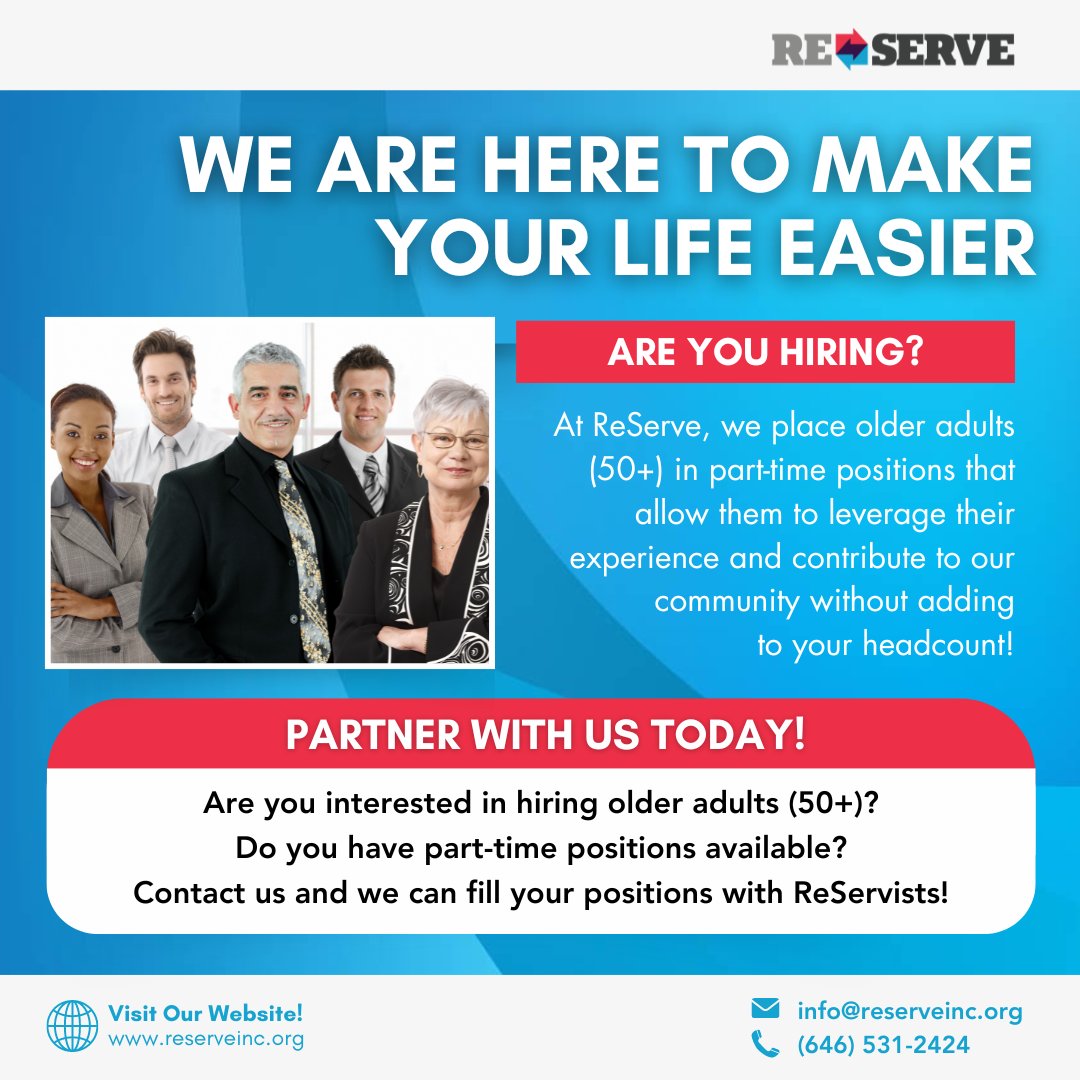 ReServeInc's tweet photo. Are you interested in hiring experienced professionals? Our ReServists have a wealth of knowledge to offer your organization! Contact us at info@reserveinc.org and we can fill your job openings with our ReServists!

#SeniorEmployment #OlderAdults #ReServe https://t.co/kJWwiDJeht