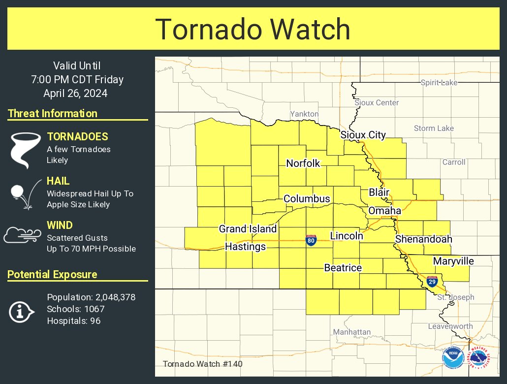 A tornado watch has been issued for parts of Iowa, Kansas, Missouri and Nebraska until 7 PM CDT