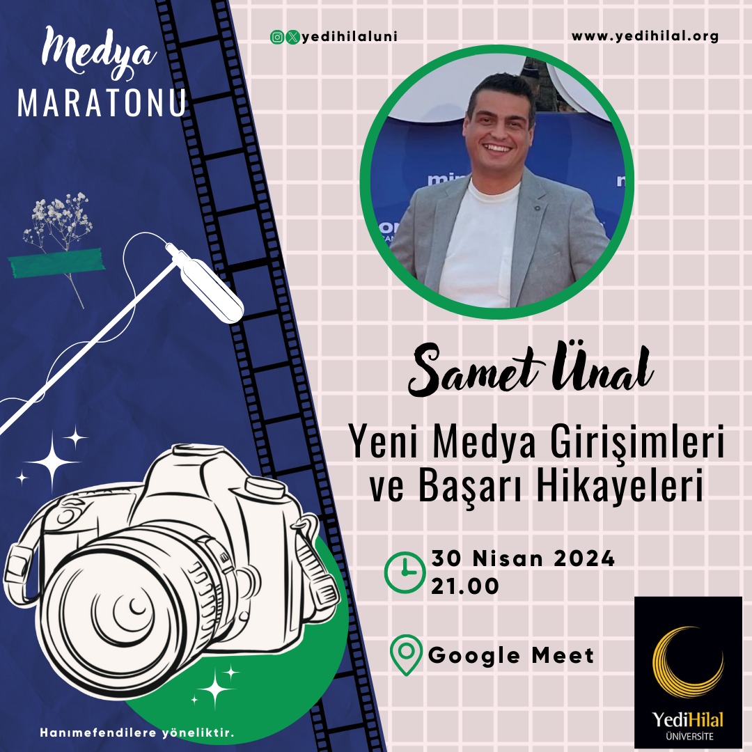 Bu haftaki konuğumuz Samet Ünal Beyfendi ile 'Yeni Medya Girişimleri' hakkında konuşacağız. 🎙️ Bizimle bu uzun maratonumuzdaki son oturumumuza katılmayı unutma🌟 #MedyaMaratonu