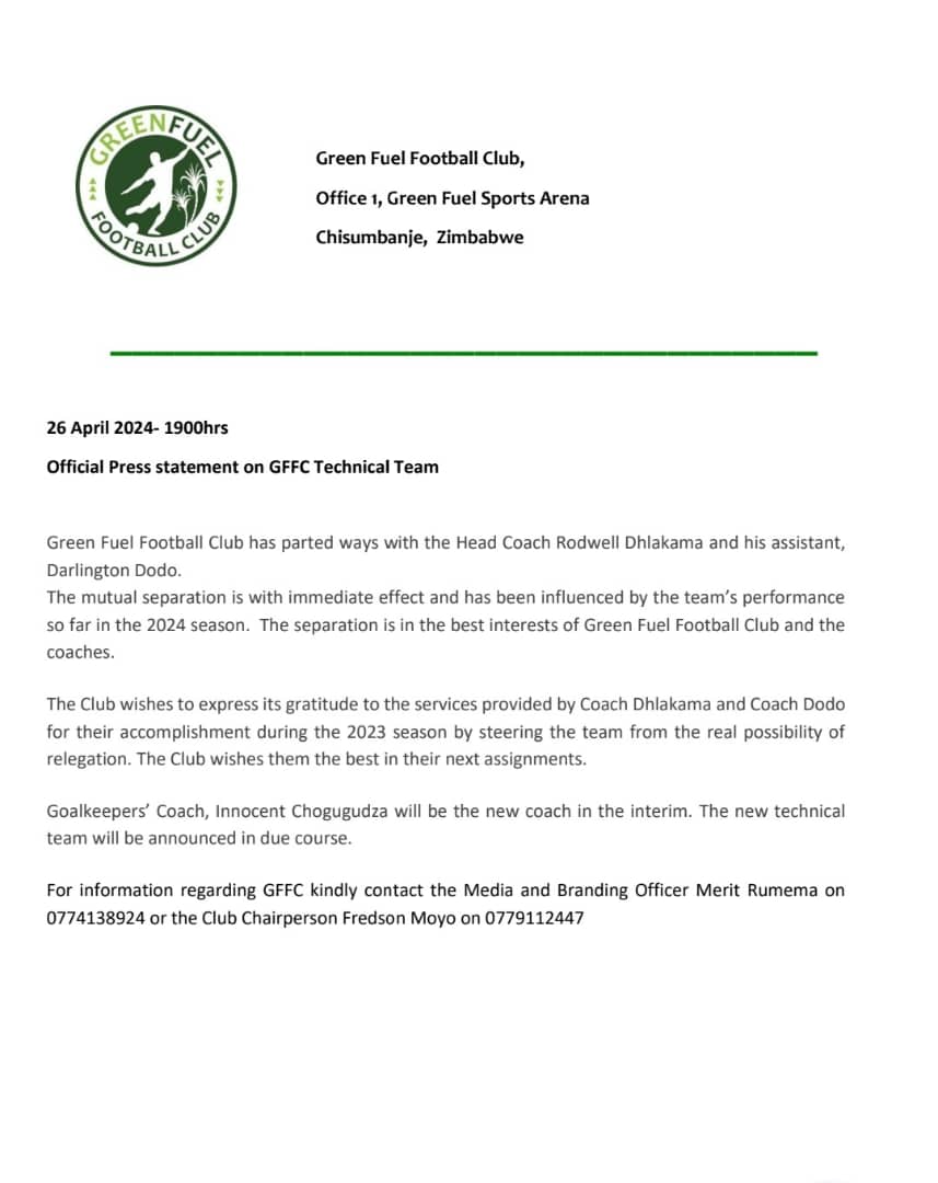 Green Fuel FC have fired coach Rodwell Dhlakama and assistant Darlington Dodo after just eight games, following their 3-0 loss to CAPS United yesterday. Dhlakama is the first casualty of Zimbabwe's @CastleLagerPSL season.